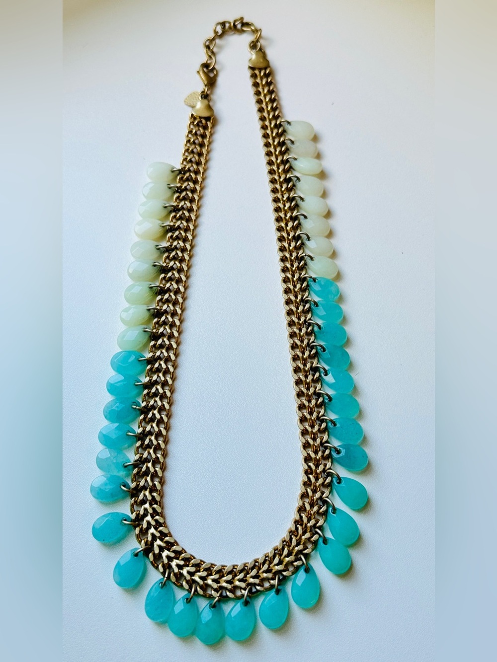 Stella & Dot Gold Chain Necklace with Aqua and Cream Teardrops